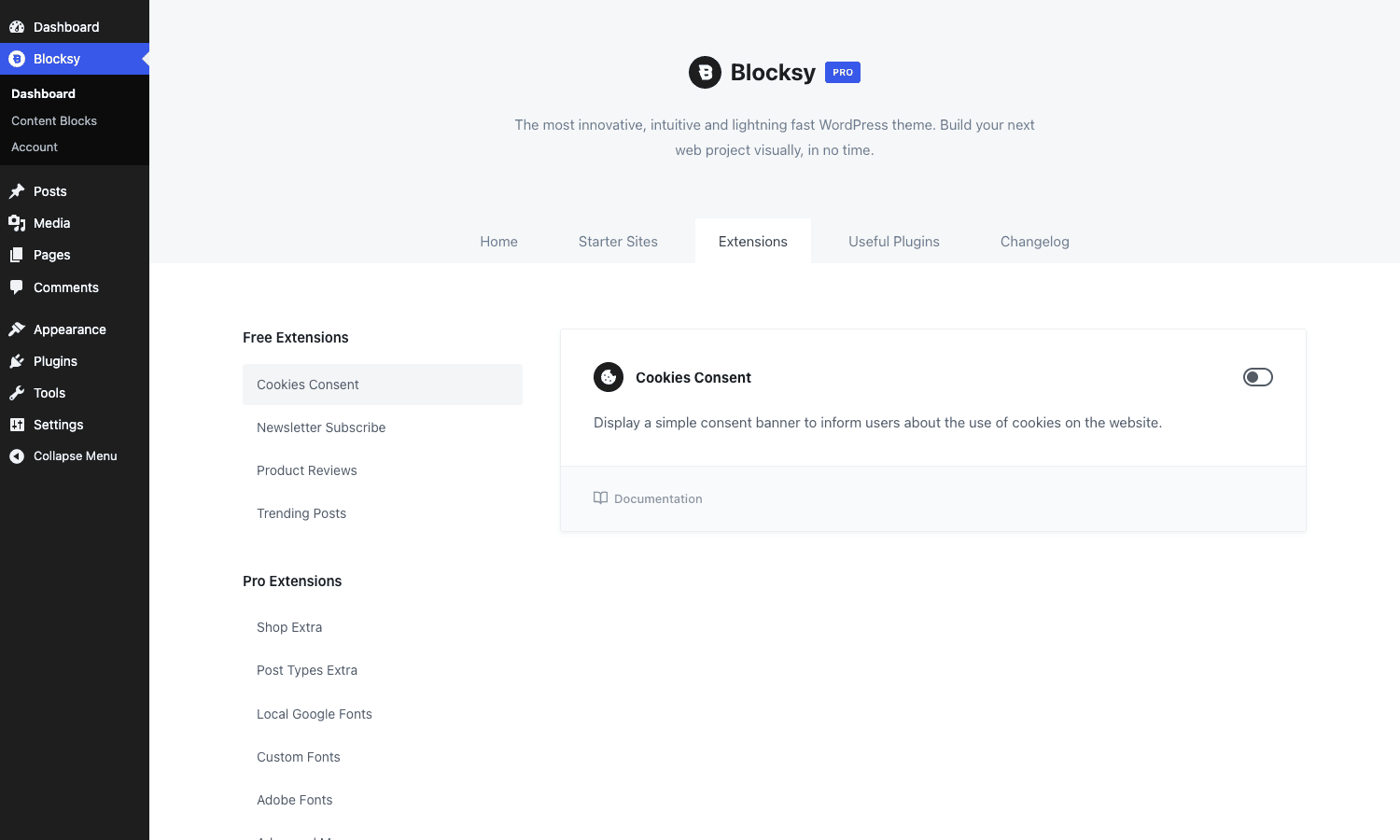 Blocksy Extensions manager The Blocksy Extensions manager showing free and Pro extensions with on/off toggles