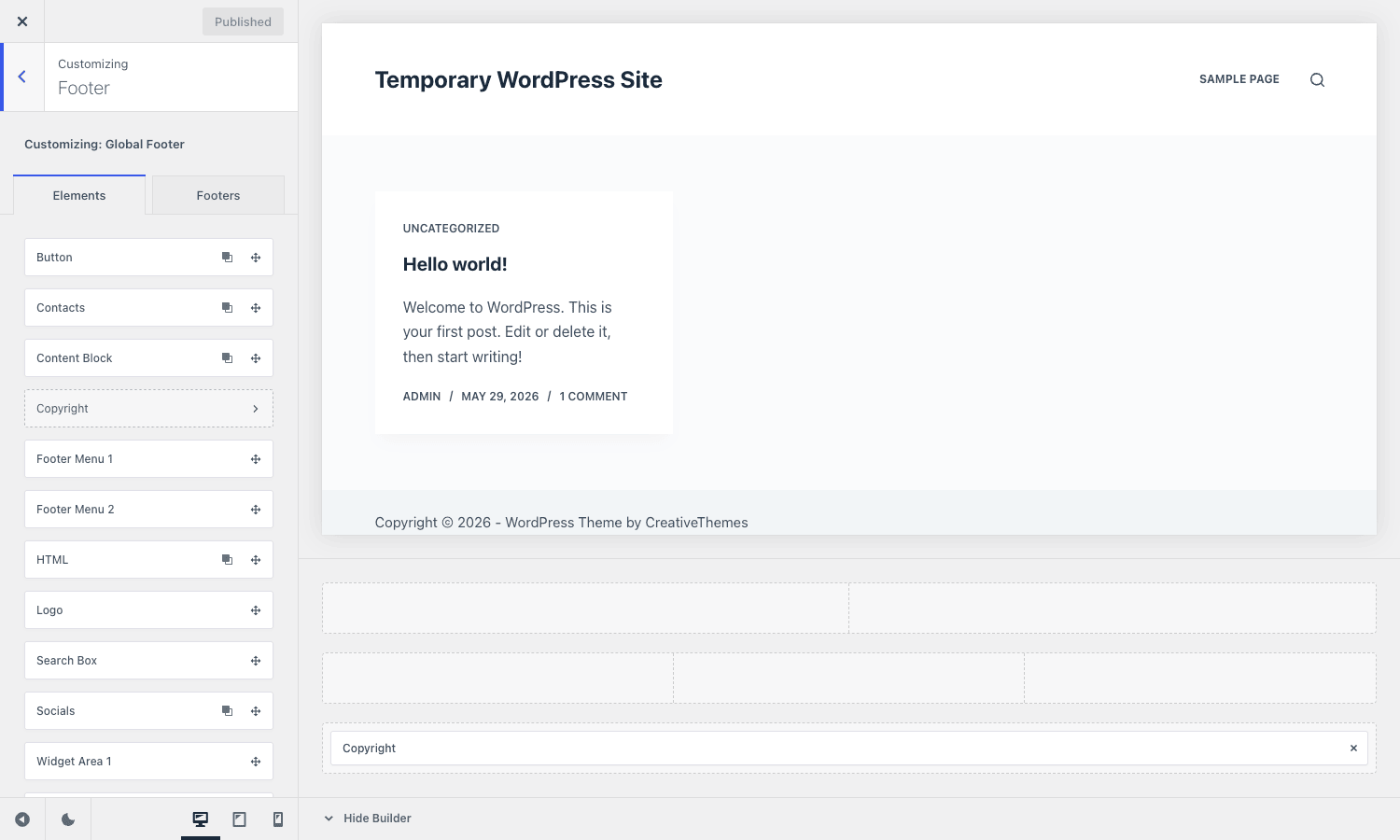 Blocksy footer builder The Blocksy footer builder showing the Elements palette and a multi-row footer layout