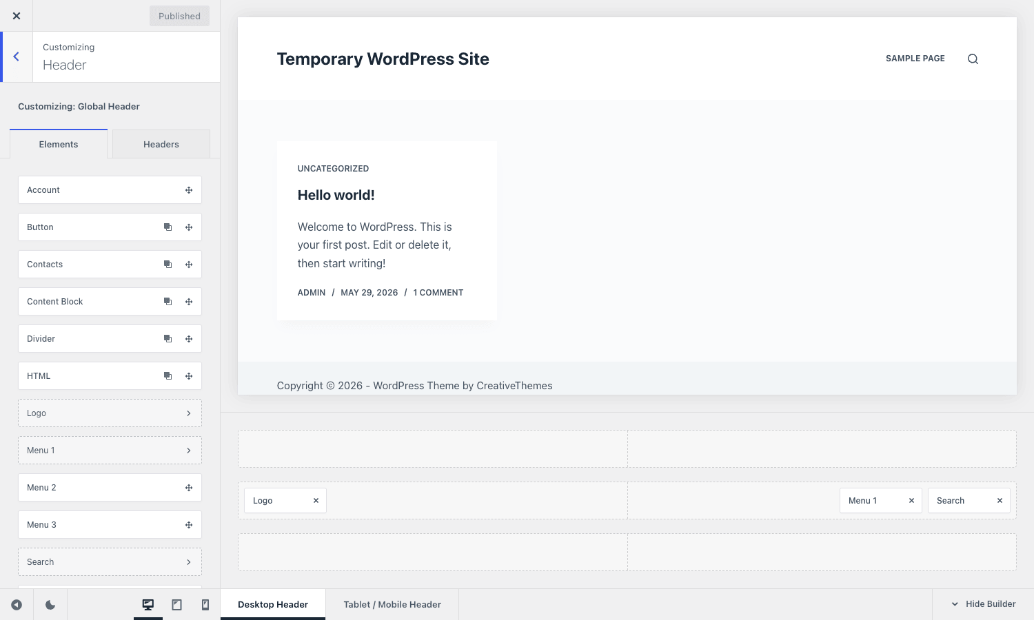 Blocksy header builder The Blocksy header builder in the Customizer with the Elements panel and three-row drag-and-drop builder