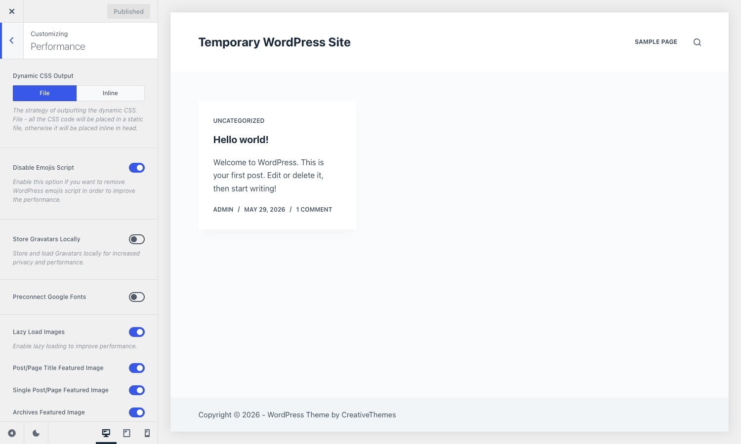 Blocksy performance options The Blocksy Performance panel with dynamic CSS output, local gravatars, lazy load, and emoji controls
