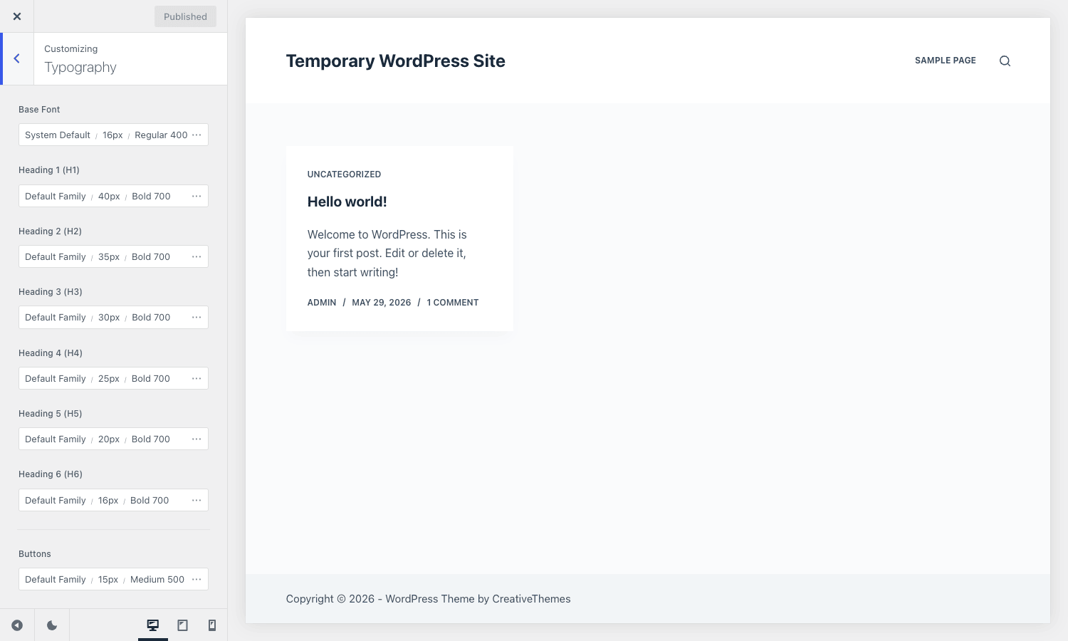 Blocksy typography controls The Blocksy typography panel with base font and per-heading size, weight, and family controls