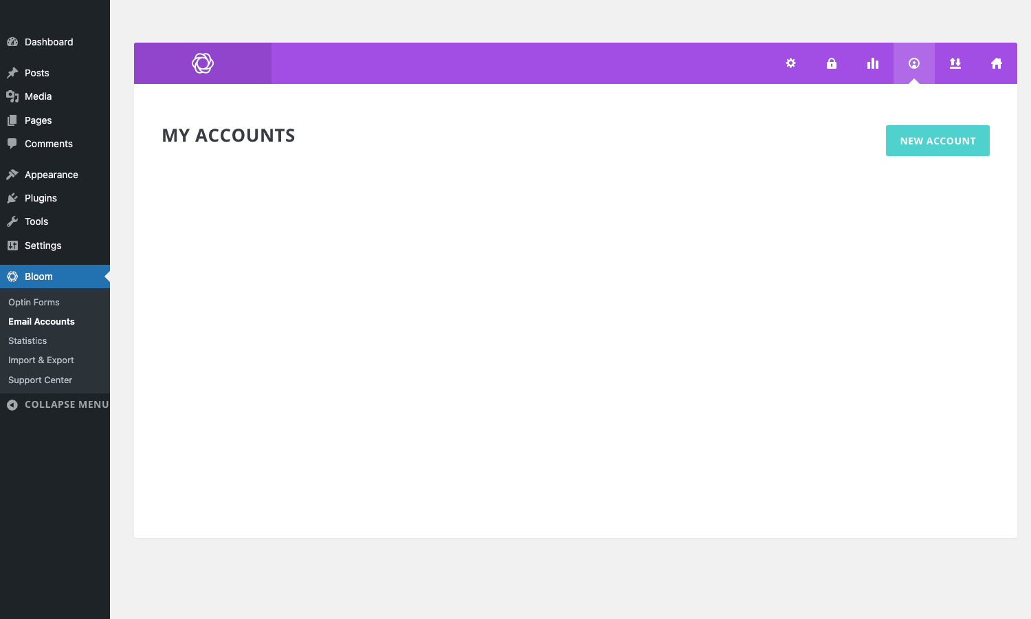Bloom Email Accounts Bloom My Accounts integration management screen