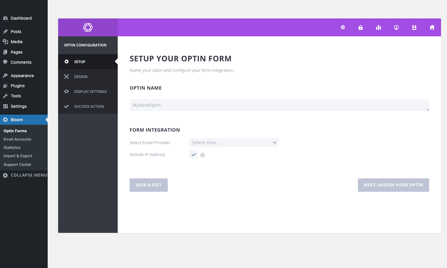 Bloom Setup Bloom Setup step with optin name and form integration fields