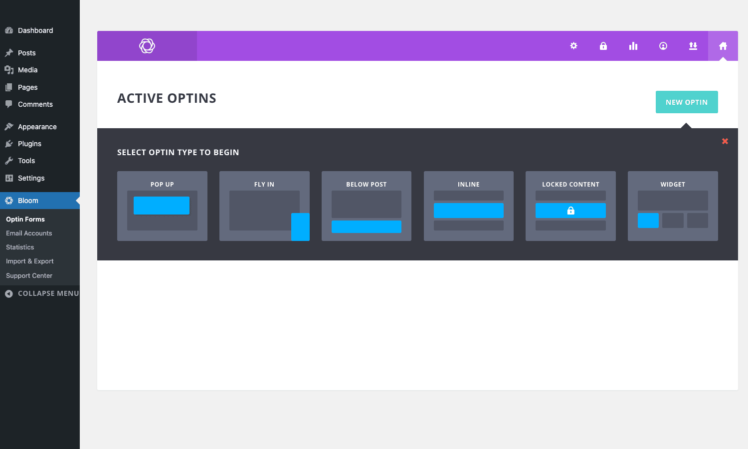 Bloom optin type selector Bloom new optin type selector with six form types