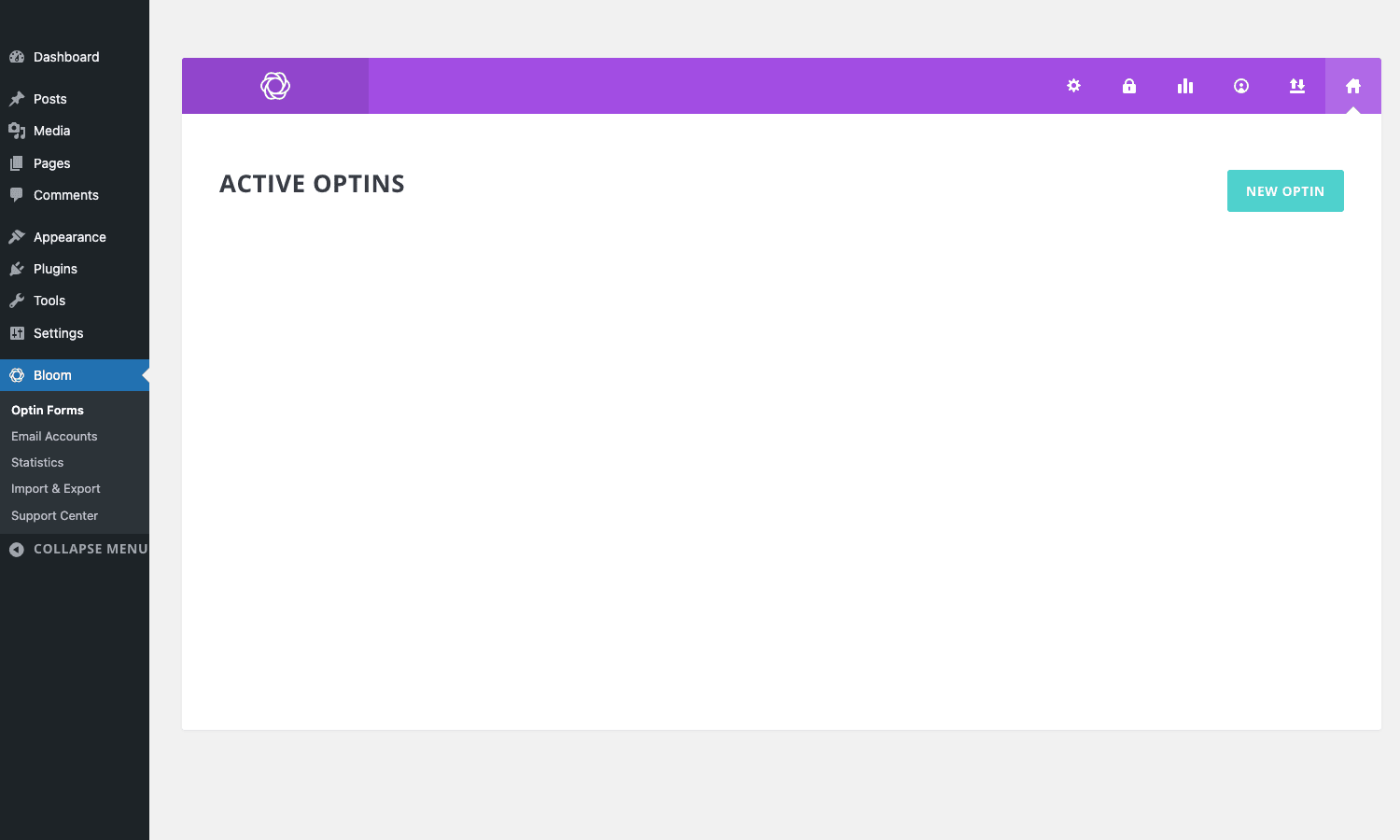 Bloom Optin Forms list Bloom Active Optins admin page with empty state and New Optin button