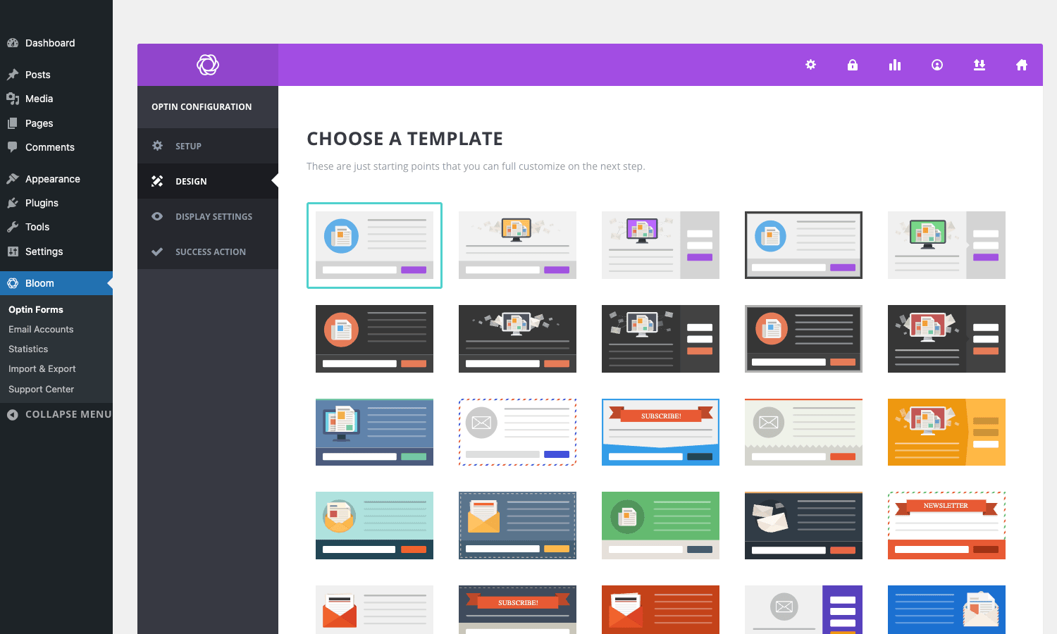 Bloom Choose a Template Bloom Choose a Template page with 25+ pre-made designs