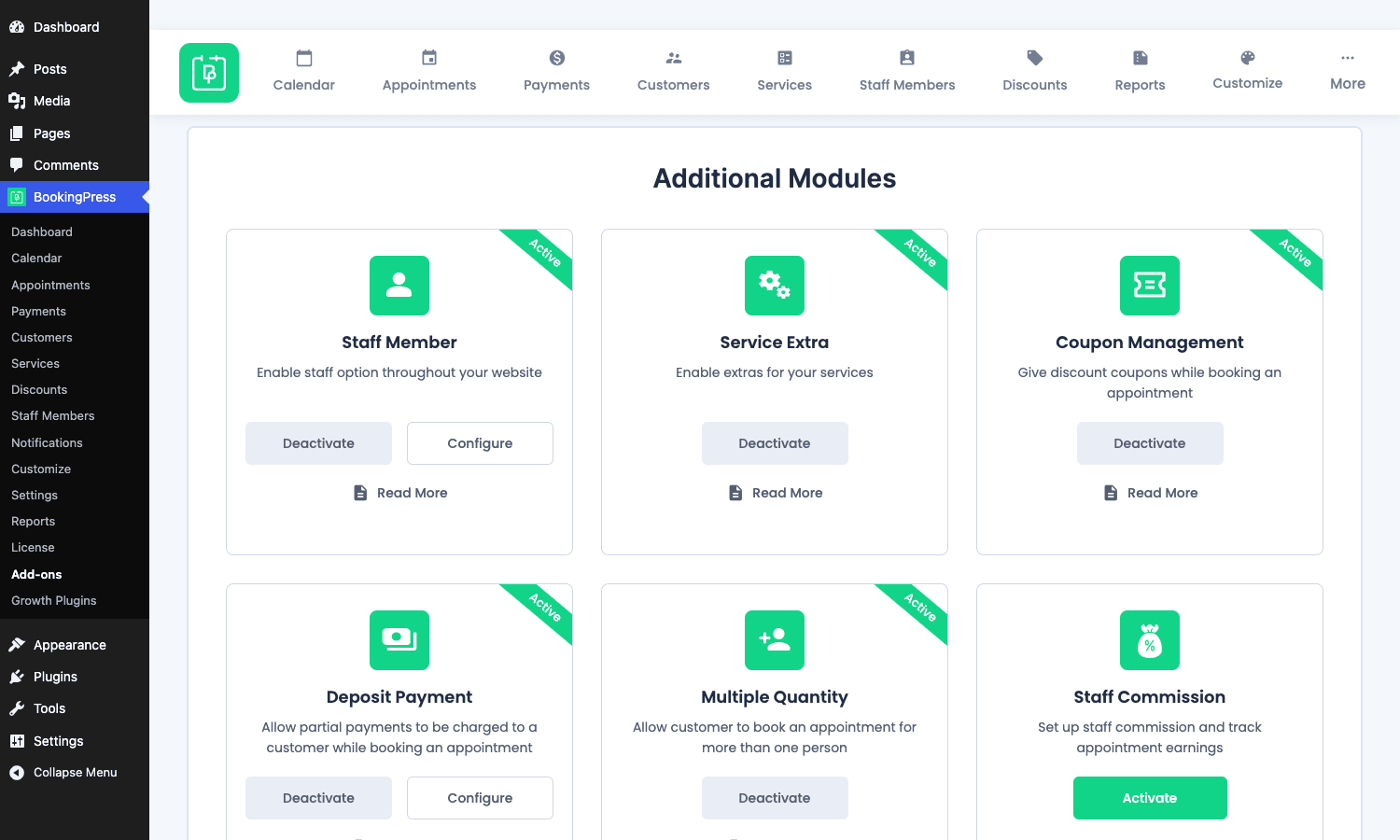 BookingPress Pro Add-ons modules BookingPress Pro Add-ons panel with six toggleable modules