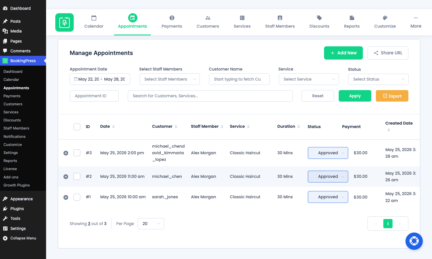 BookingPress Pro Appointments list BookingPress Pro appointments list with statuses and per-row payment column