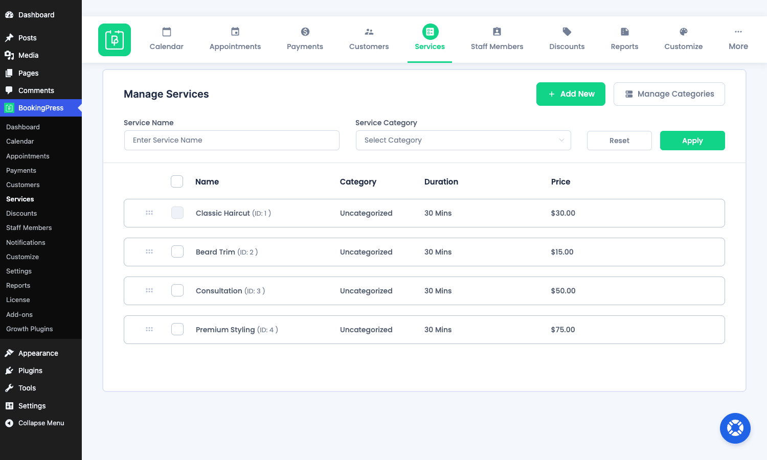 BookingPress Pro Services BookingPress Pro services list showing multiple priced services