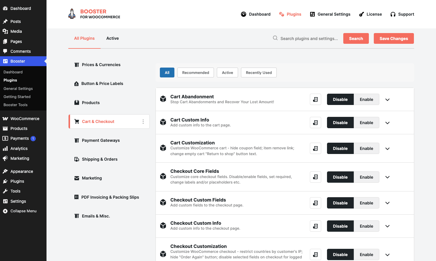 Booster Plus cart and checkout modules Booster Plus Cart and Checkout module list including Cart Abandonment, Cart Custom Info, Checkout Custom Fields, and more