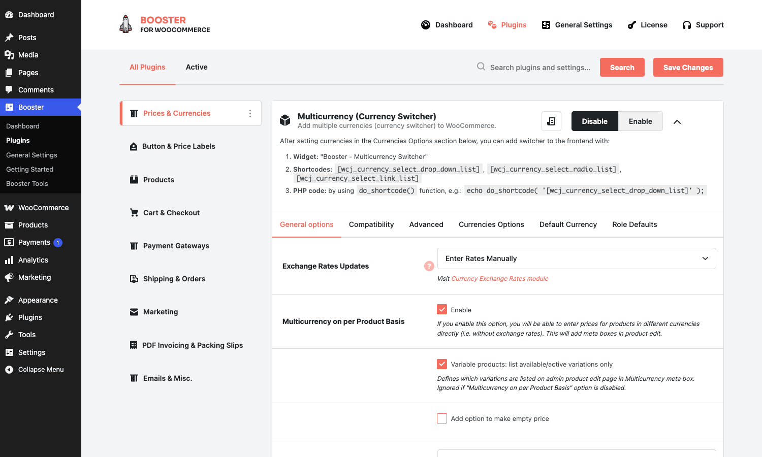 Booster Plus Multicurrency settings Booster Plus Multicurrency settings showing exchange rate update modes and per-product currency basis options