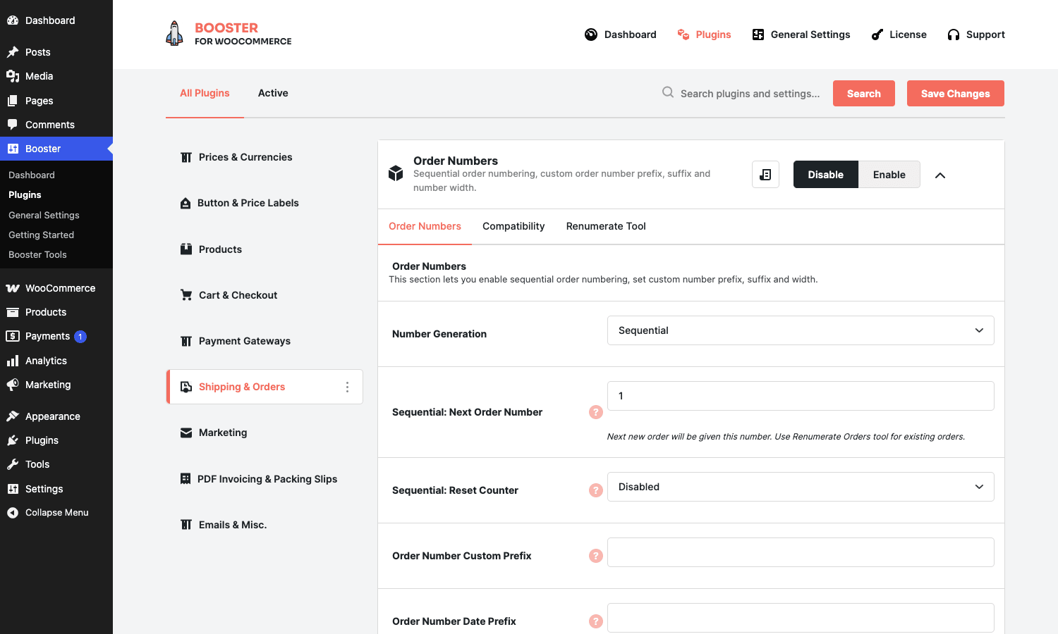 Booster Plus Order Numbers settings Booster Plus Order Numbers settings showing sequential numbering, custom prefix, reset counter, and renumerate tool