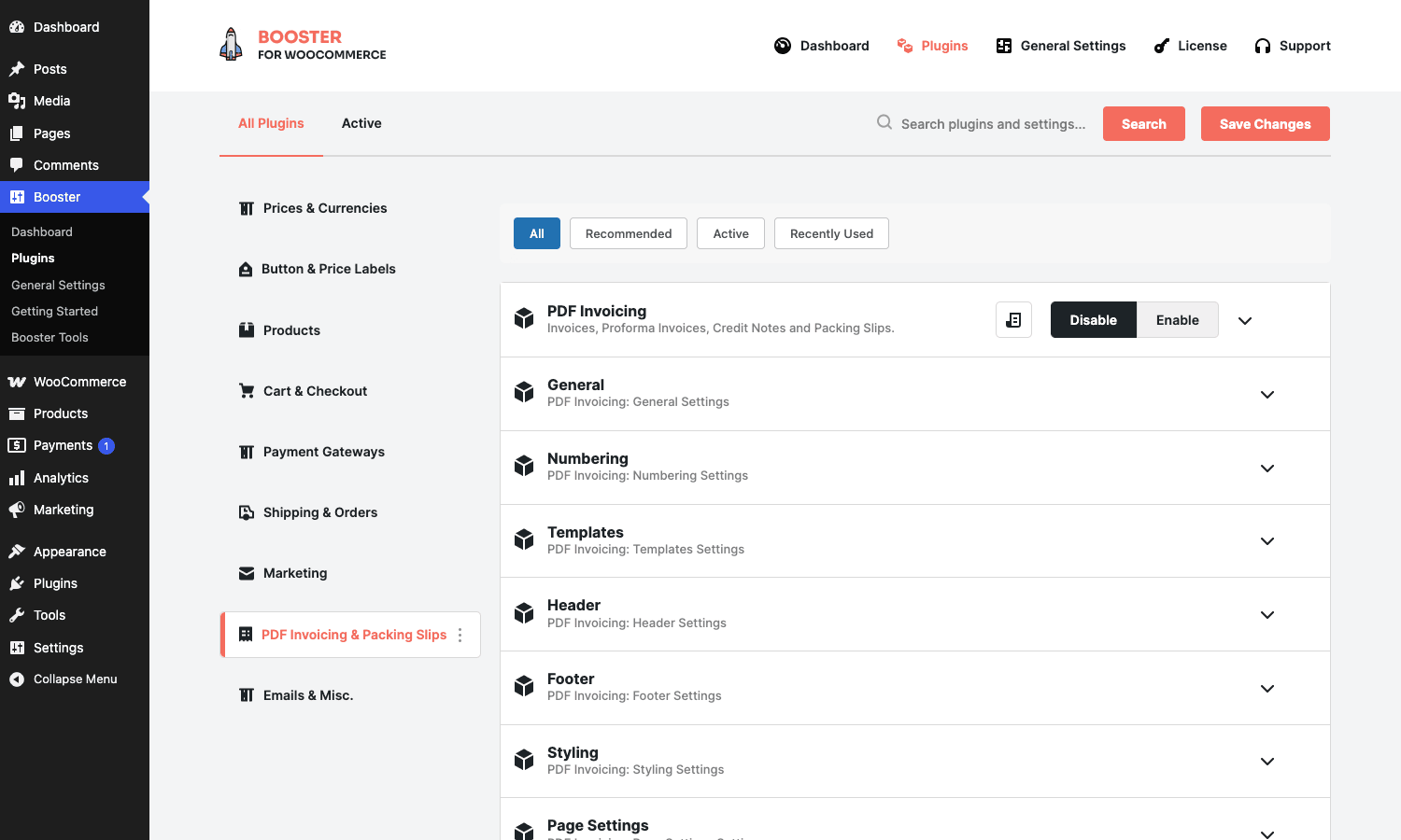 Booster Plus PDF Invoicing modules Booster Plus PDF Invoicing module list with General, Numbering, Templates, Header, Footer, Styling and more sub-settings