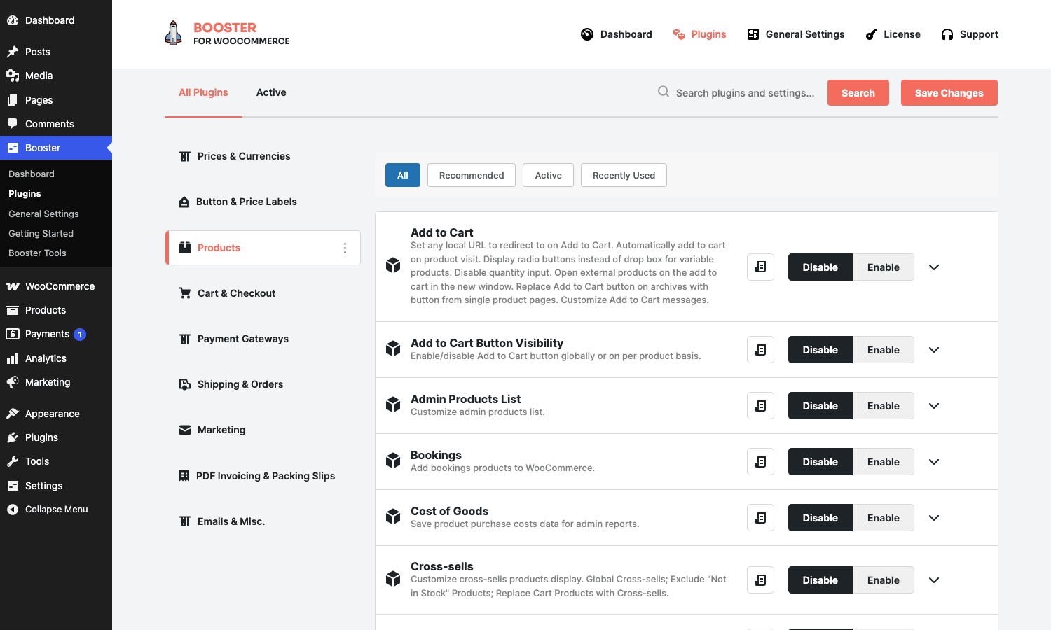 Booster Plus product modules Booster Plus Products module list with toggles for Add to Cart, Bookings, Cross-sells, and other product features