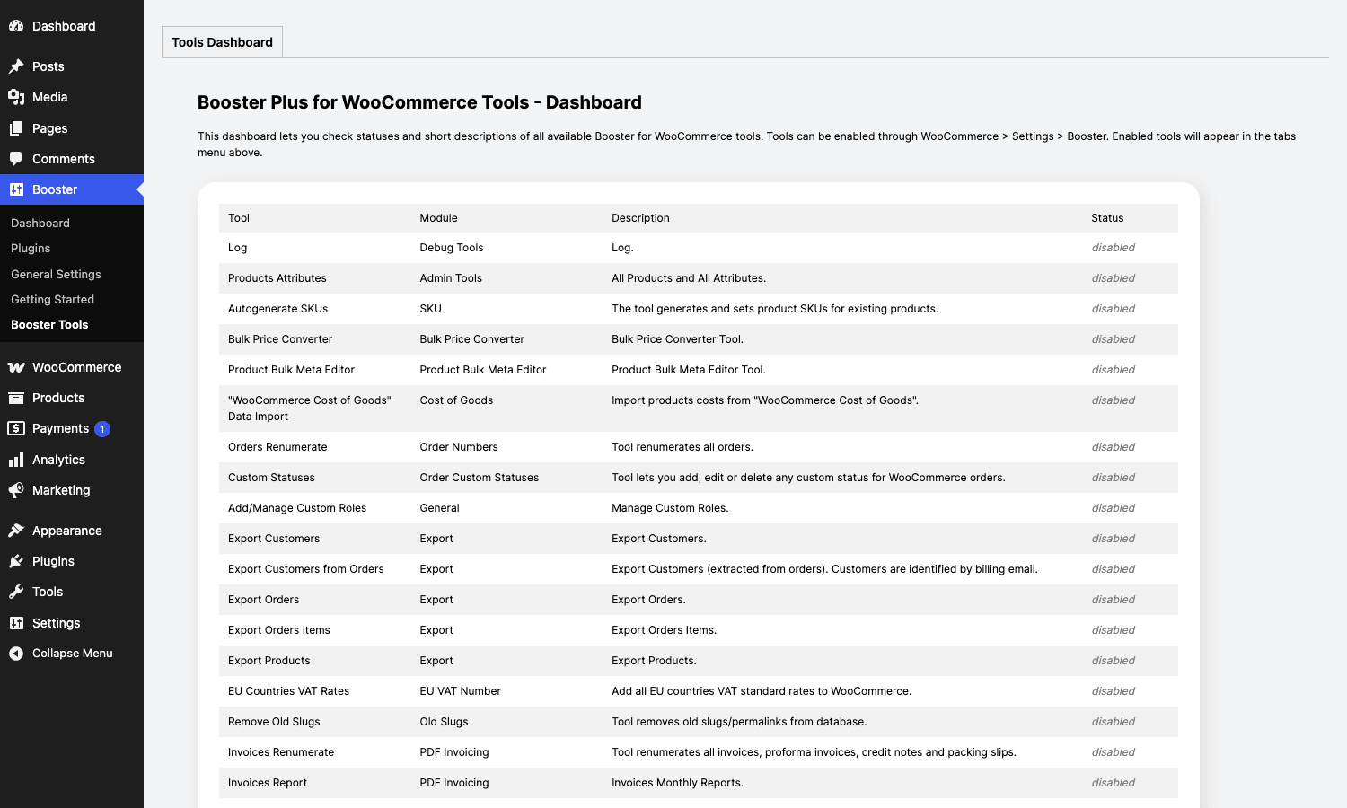 Booster Plus Tools page Booster Plus Tools page listing one-shot tools like Coupon Code Generator, Order Renumber, PDF Invoice Bulk Generator, and Bulk Price Converter