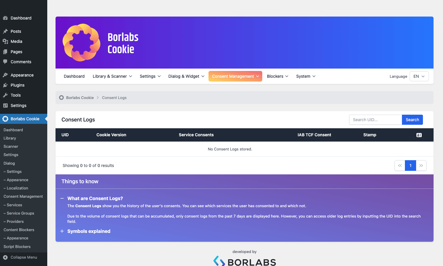 Borlabs Cookie consent log Borlabs Cookie consent log panel showing per-visitor consent records