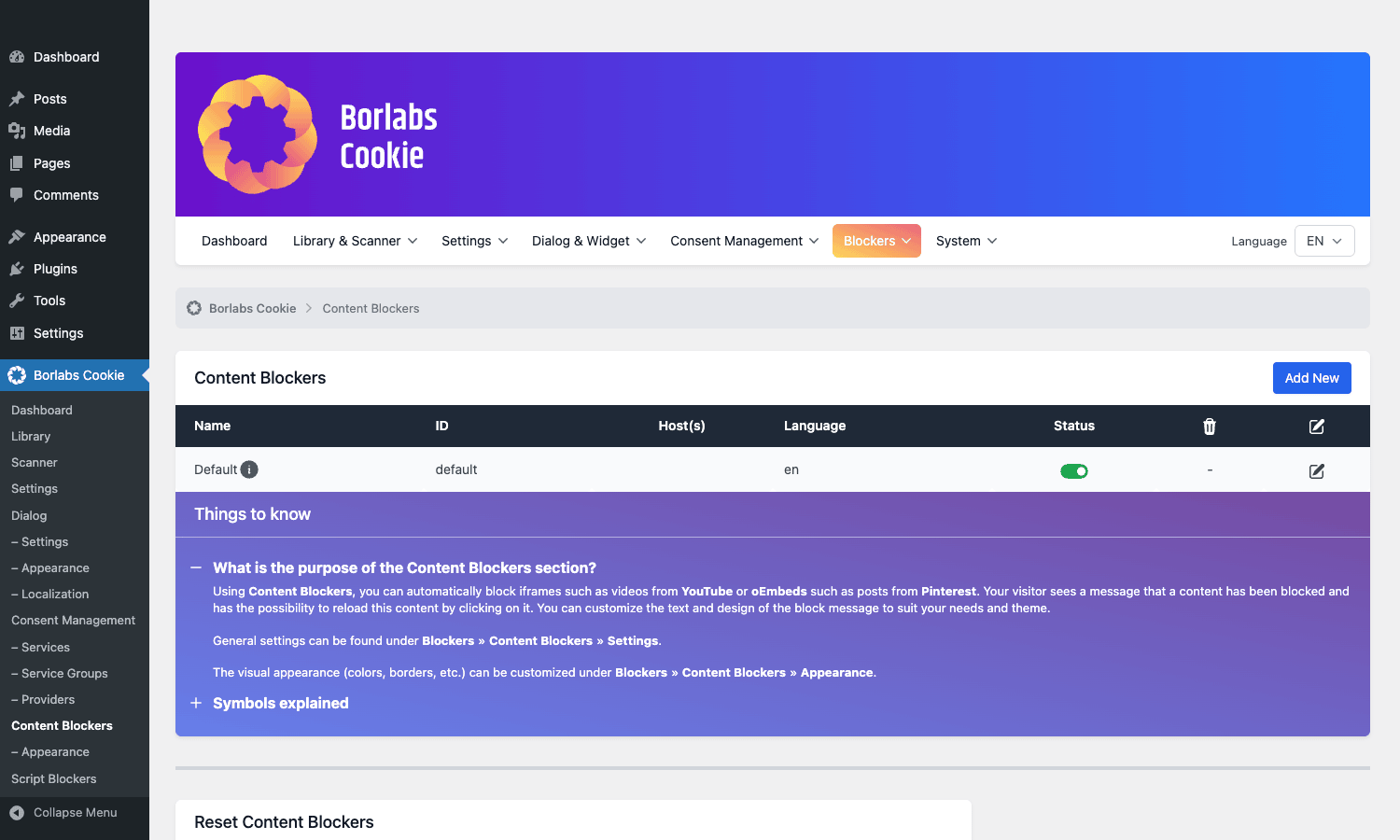 Borlabs Cookie content blockers panel Borlabs Cookie content blockers panel with default content blocker visible