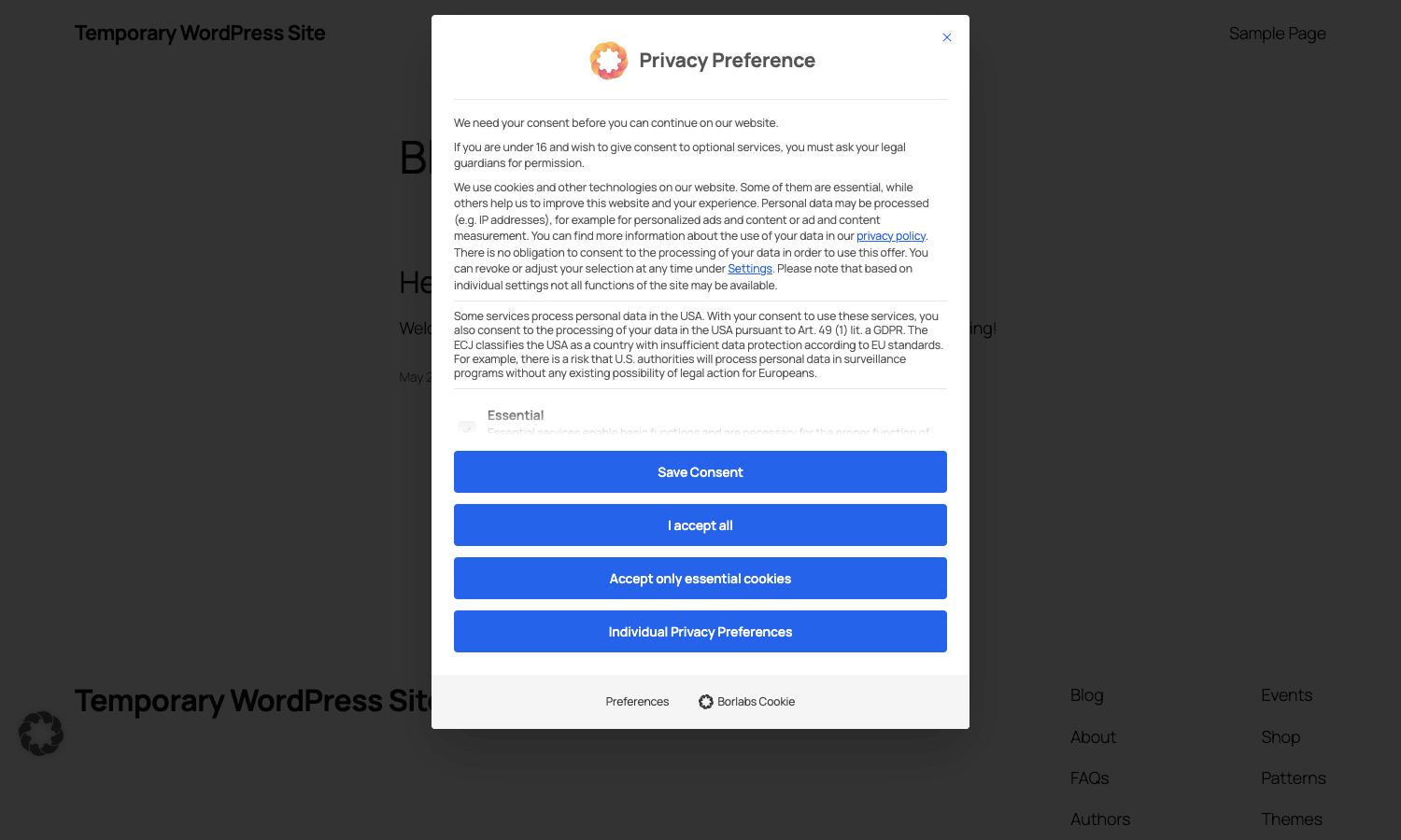 Borlabs Cookie privacy preference banner Borlabs Cookie banner shown to a first-time visitor with accept, decline, and preferences options
