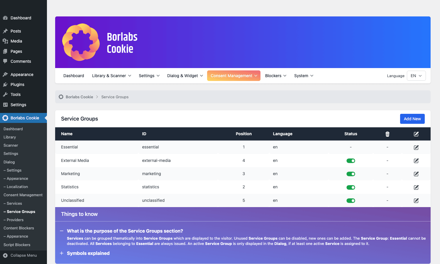 Borlabs Cookie service groups list Borlabs Cookie service groups list showing Essential, External Media, Marketing, and Statistics groups