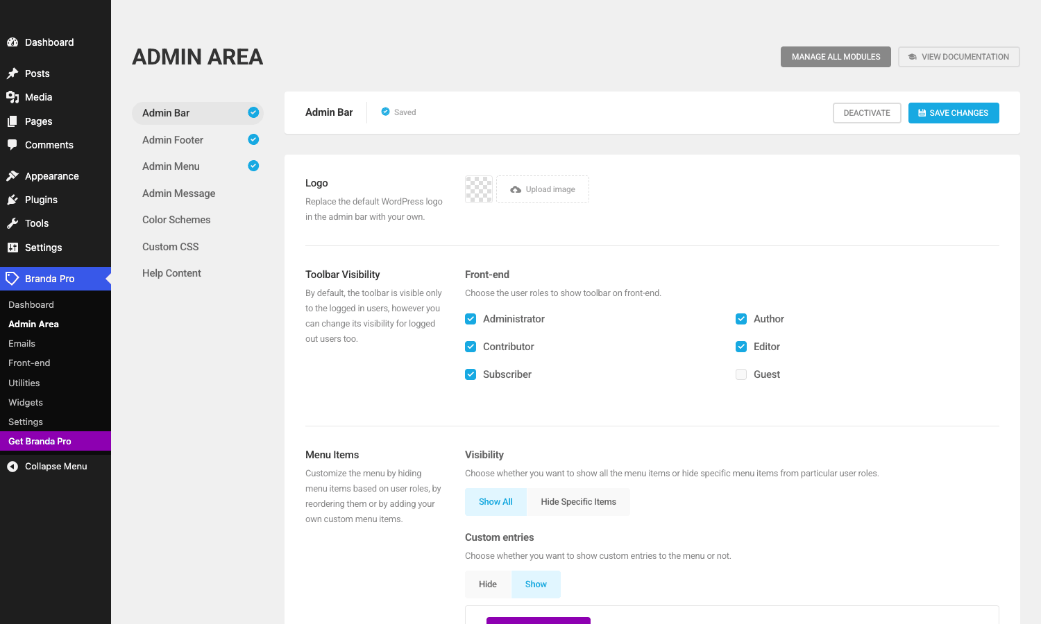 Admin Bar settings with per-role visibility Branda Pro Admin Bar settings showing per-role toolbar visibility and menu item controls for Administrator, Author, Contributor, Editor, Subscriber, and Guest