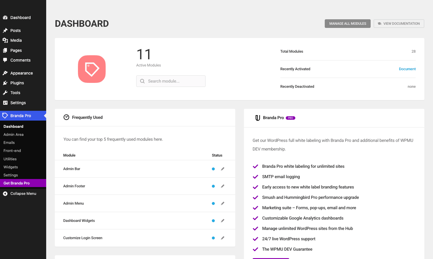 Branda module dashboard Branda Pro module dashboard with 11 active modules, frequently-used list and group navigation