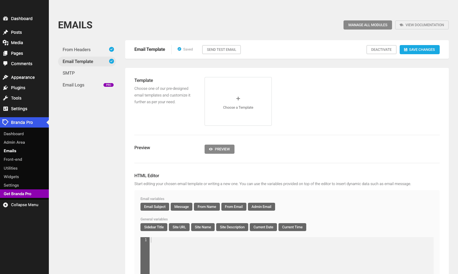 Email Template editor with merge variables Branda Pro Email Template editor with template gallery, merge variable buttons, and HTML editor for system email customization