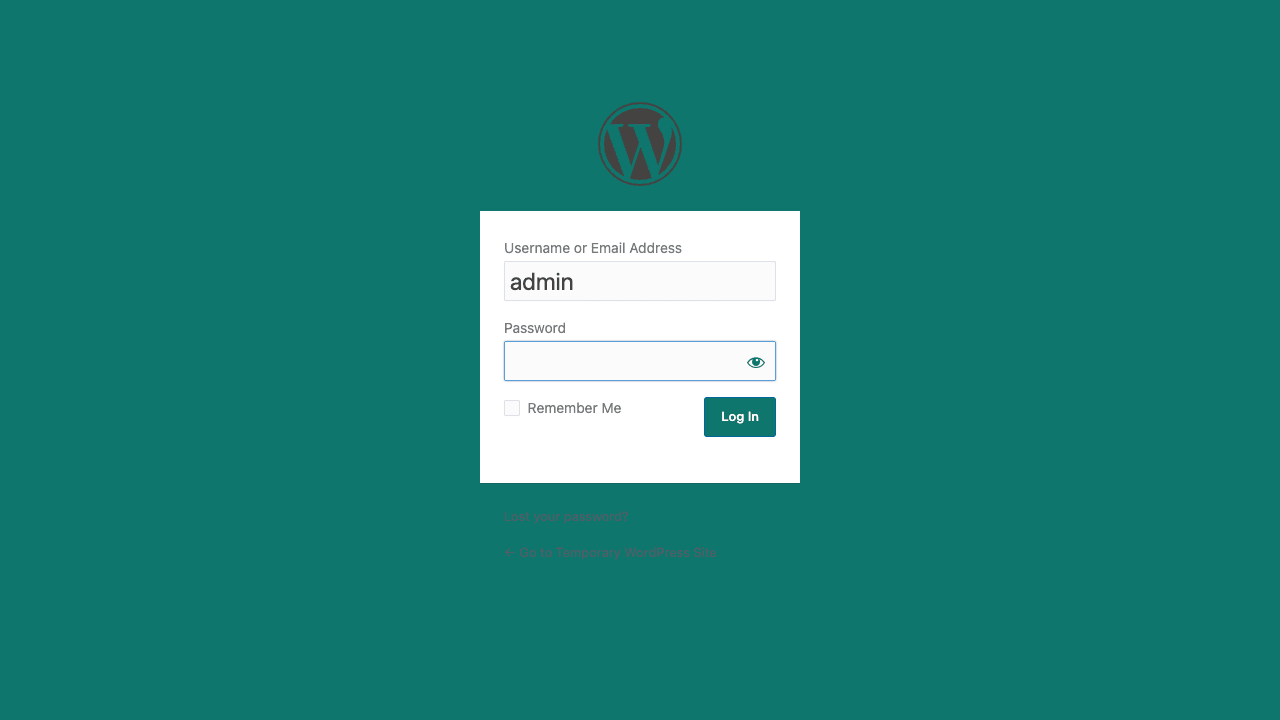 Branded WordPress login page Rendered wp-login.php with deep teal background, branded login button, and custom welcome shown above the form