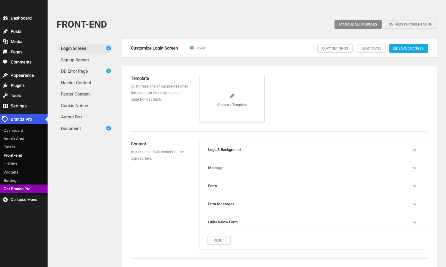 Login Screen settings panel Branda Pro Login Screen customizer settings panel with Template, Logo and Background, Message, Form, Error Messages, and Links sections