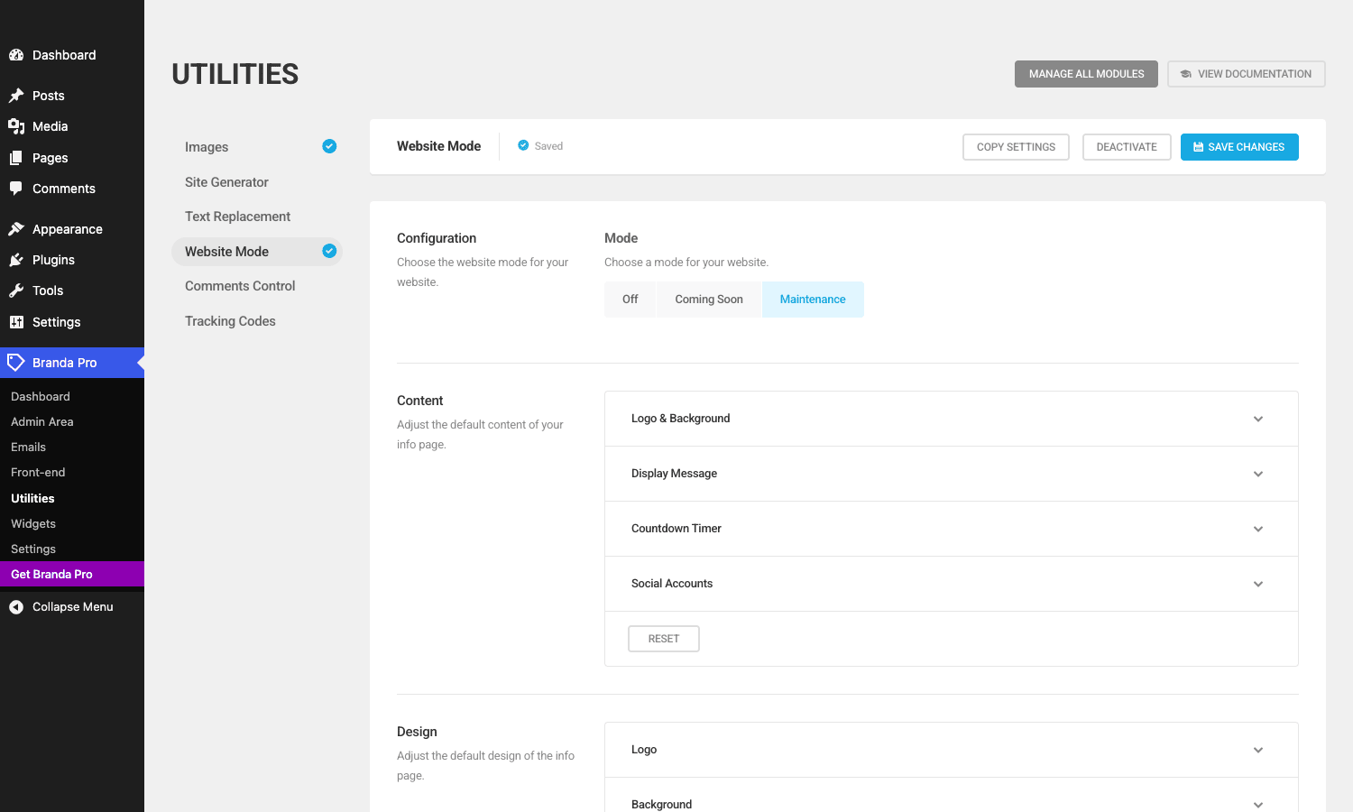 Website Mode settings with Maintenance selected Branda Pro Website Mode settings with Maintenance mode selected, content panel for logo, message, countdown timer, and social accounts