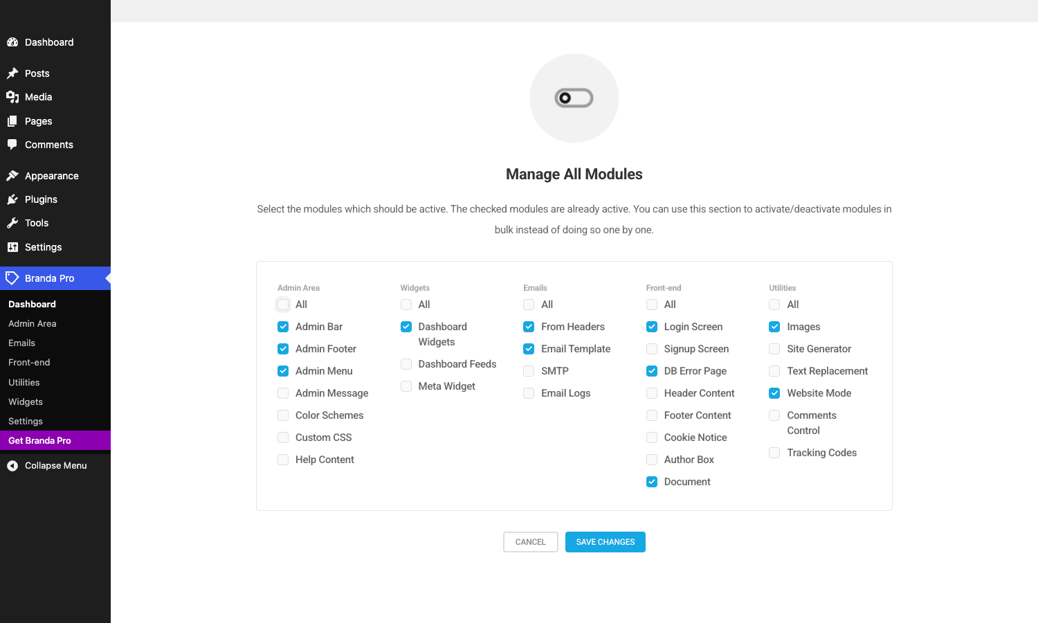 Manage All Modules Manage All Modules dialog listing all 28 branding modules grouped by Admin Area, Widgets, Emails, Front-end, and Utilities