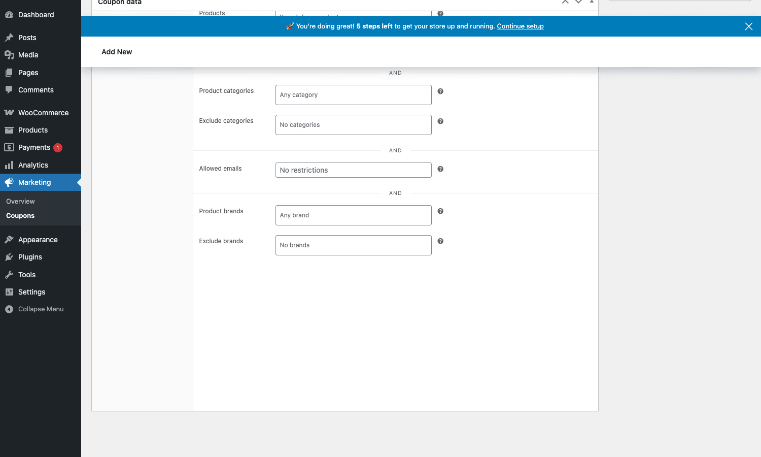 Coupon Usage restriction tab with Product brands and Exclude brands fields Coupon edit page showing Product brands and Exclude brands fields