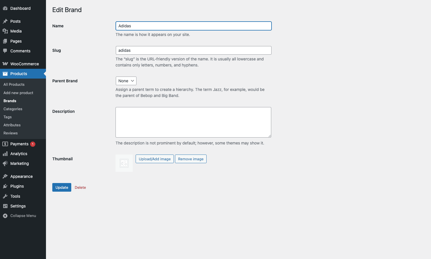 Edit Brand screen with name, slug, parent, description, and thumbnail Editing a single brand in WooCommerce Brands