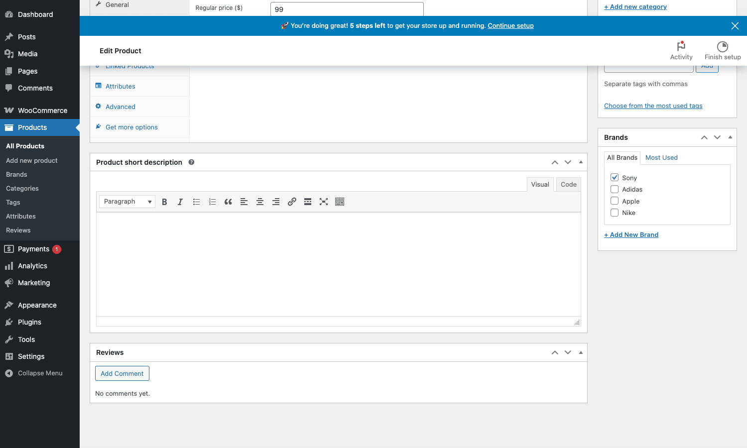 Product editor showing the Brands sidebar widget with Sony checked Product edit page with the Brands meta box in the right sidebar