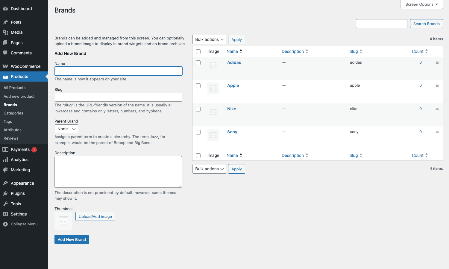 Brands taxonomy admin page with four sample brands - Adidas, Apple, Nike, Sony WooCommerce Brands taxonomy admin with four sample brands