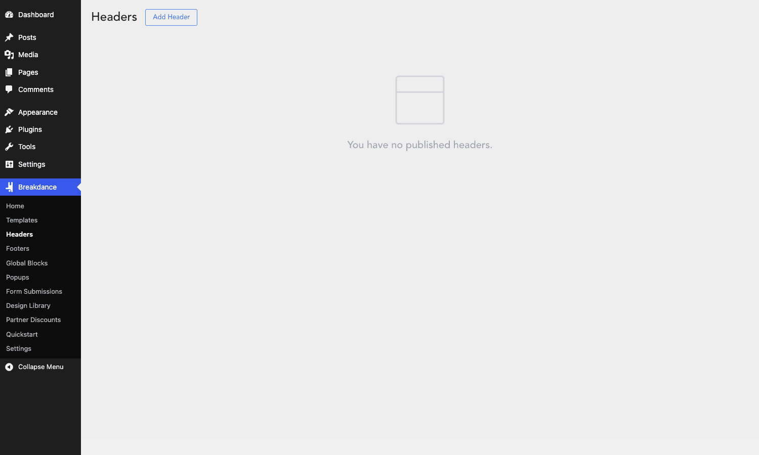 Breakdance Pro admin navigation in WP sidebar Breakdance admin sidebar showing Templates, Headers, Footers, Global Blocks, Popups, Form Submissions, Design Library nav items