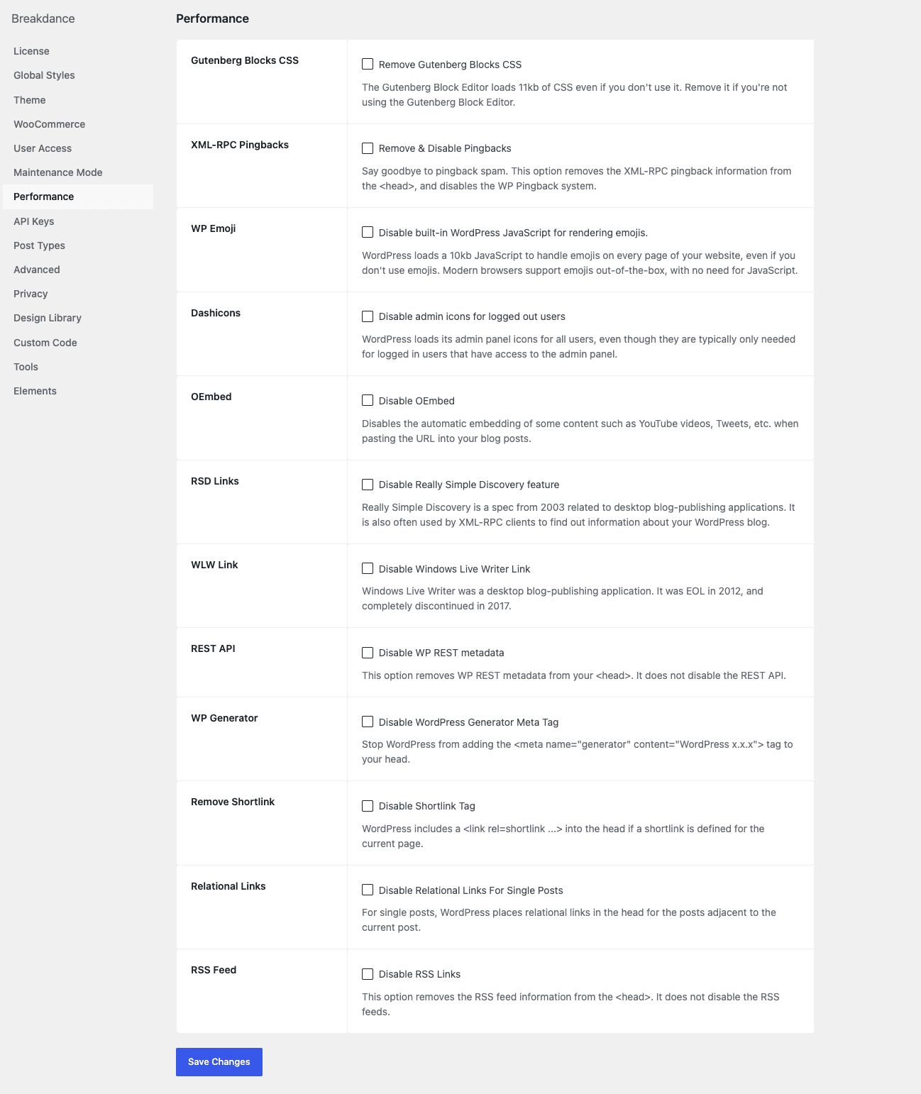 Breakdance Pro Performance options Breakdance Performance tab showing WordPress optimization toggles for Gutenberg CSS, emoji, pingbacks, REST API, embed JS