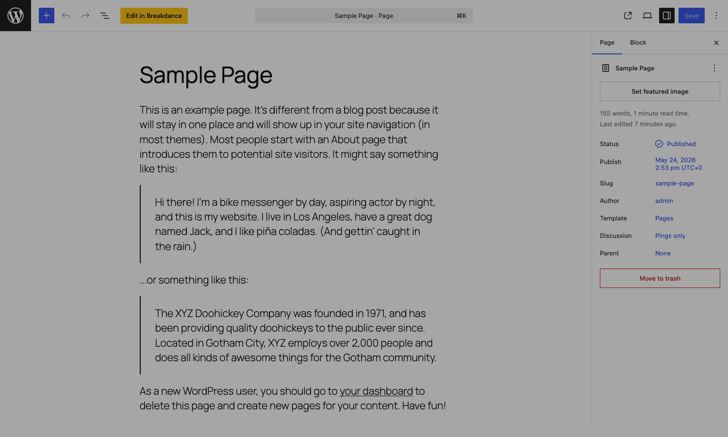 Breakdance Pro Edit in Breakdance button in WP post editor Breakdance Pro WordPress post editor showing the Edit in Breakdance launcher button at the top of a sample page