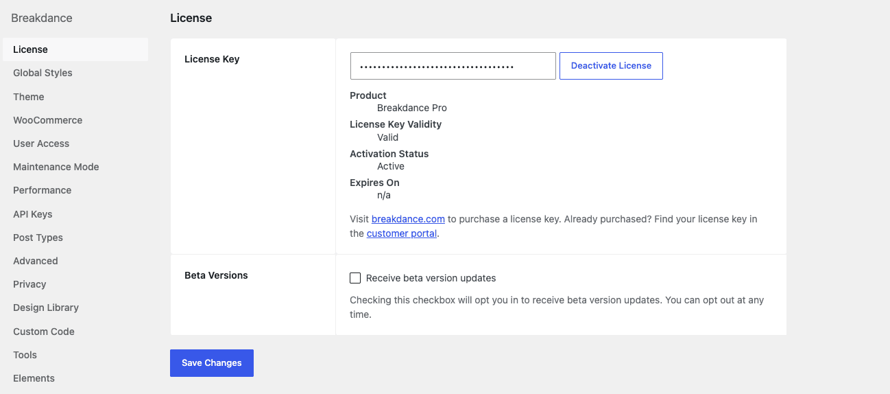 Breakdance Pro Settings - License tab Breakdance Pro License panel and left navigation in WP admin showing all settings tabs