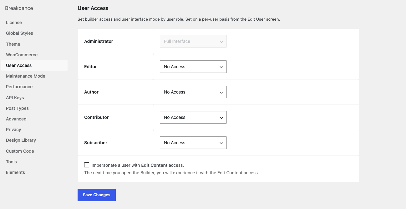 Breakdance Pro User Access permissions Breakdance User Access tab showing per-role builder permissions with dropdowns for each WordPress role