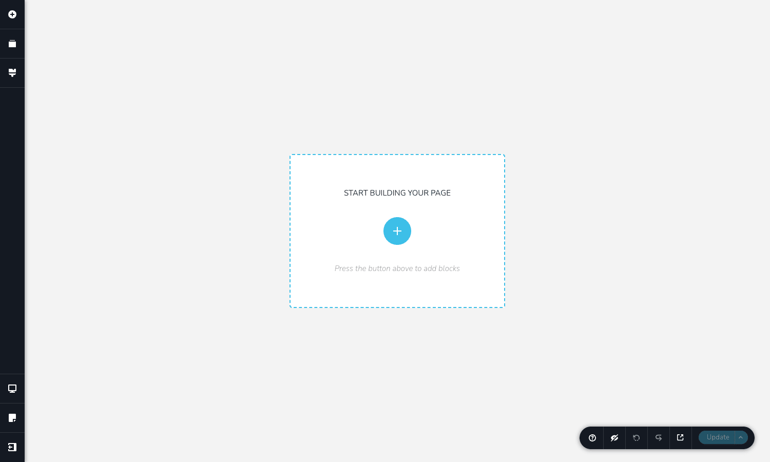 Brizy editor in fullscreen showing left toolbar, blank canvas with Start Building Your Page CTA, bottom Update toolbar