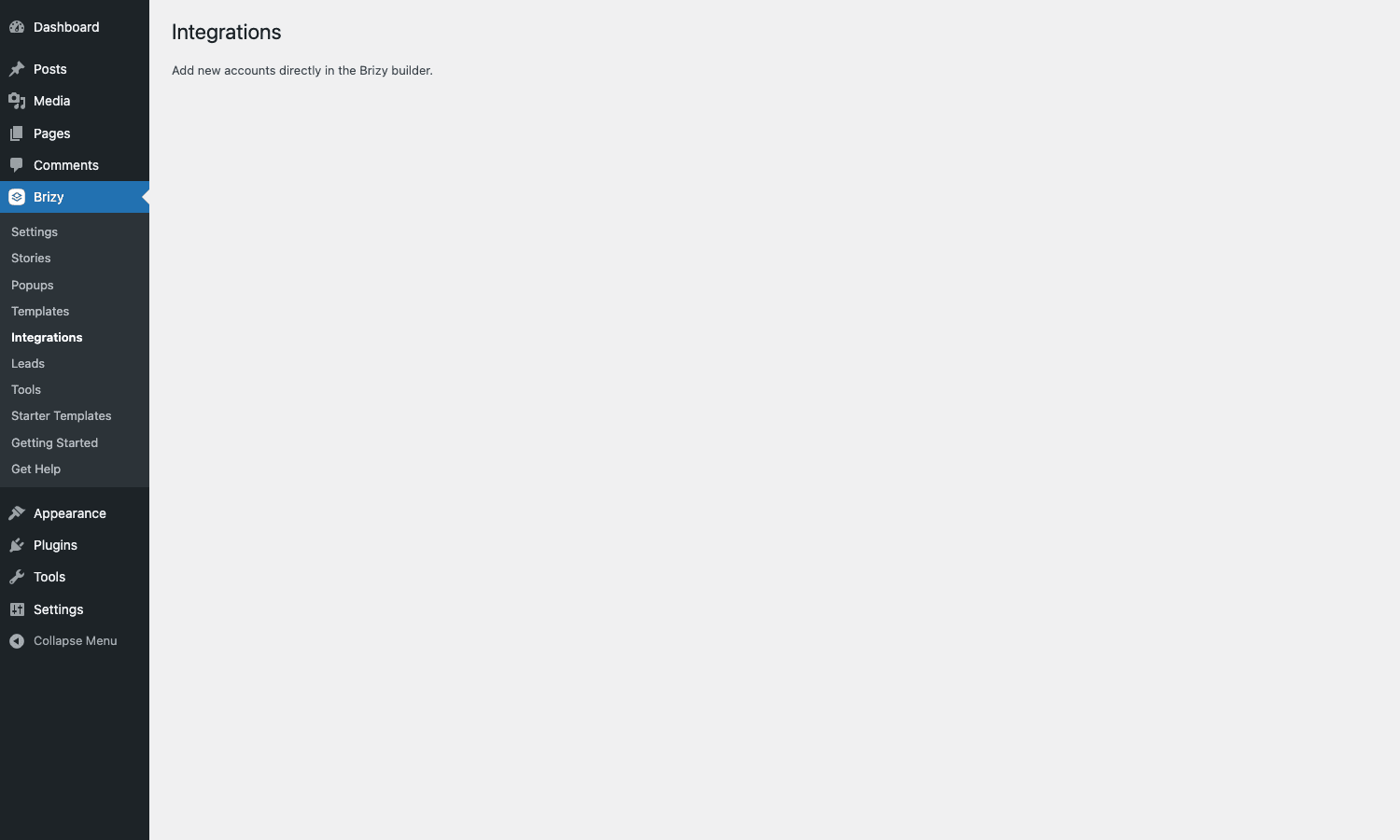 Brizy Integrations admin with the Brizy submenu visible: Settings, Stories, Popups, Templates, Integrations, Leads, Tools