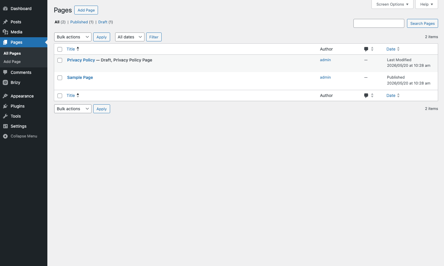 Pages list with the Brizy sidebar menu visible