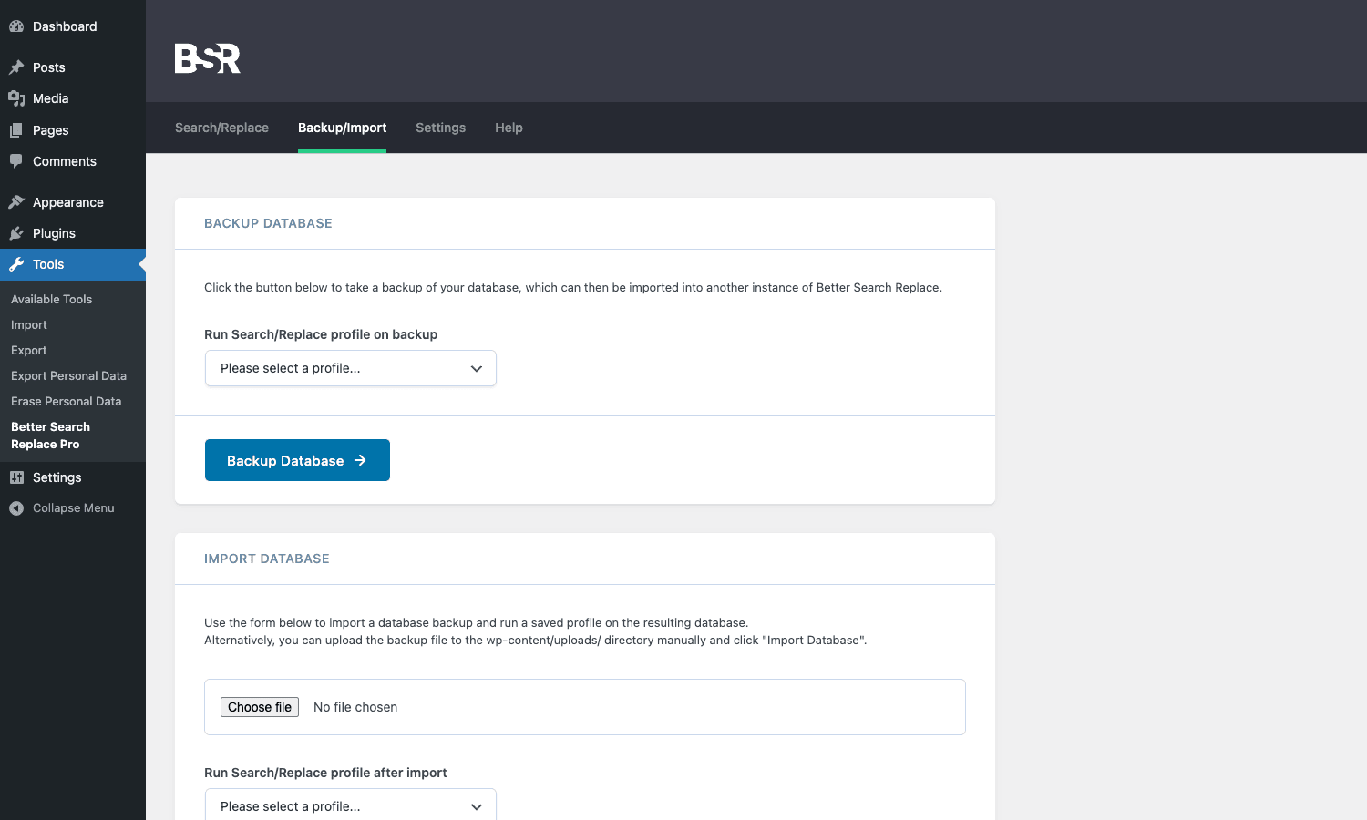 Better Search Replace Pro - Backup/Import tab Better Search Replace Pro Backup and Import tab showing backup database button and import file picker with profile dropdown
