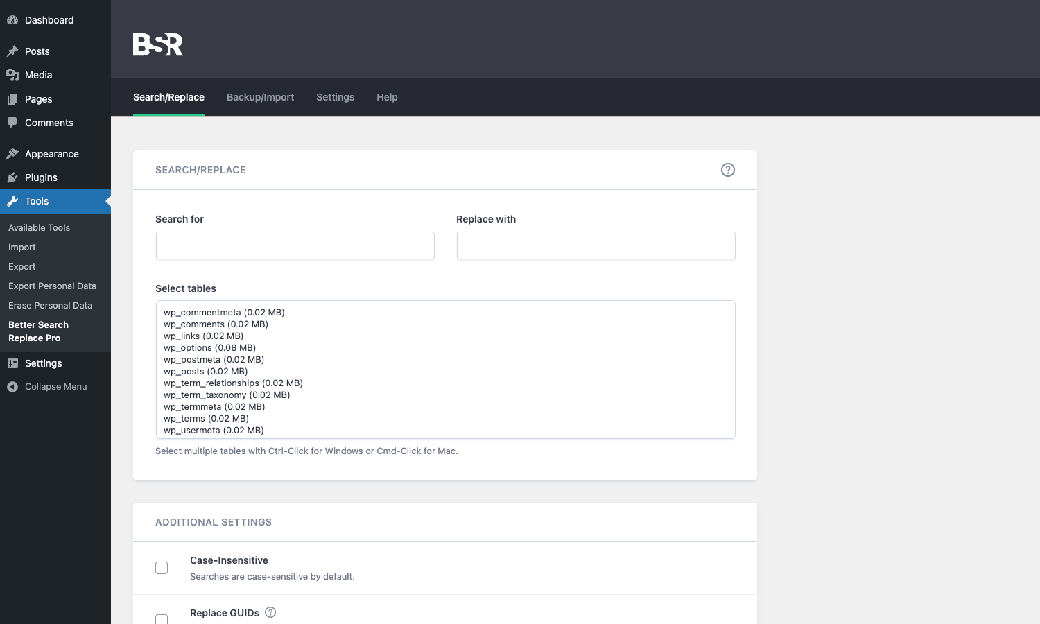 Better Search Replace Pro - Search/Replace tab Better Search Replace Pro main search and replace form with field for search text, replace text, and a multi-select list of database tables