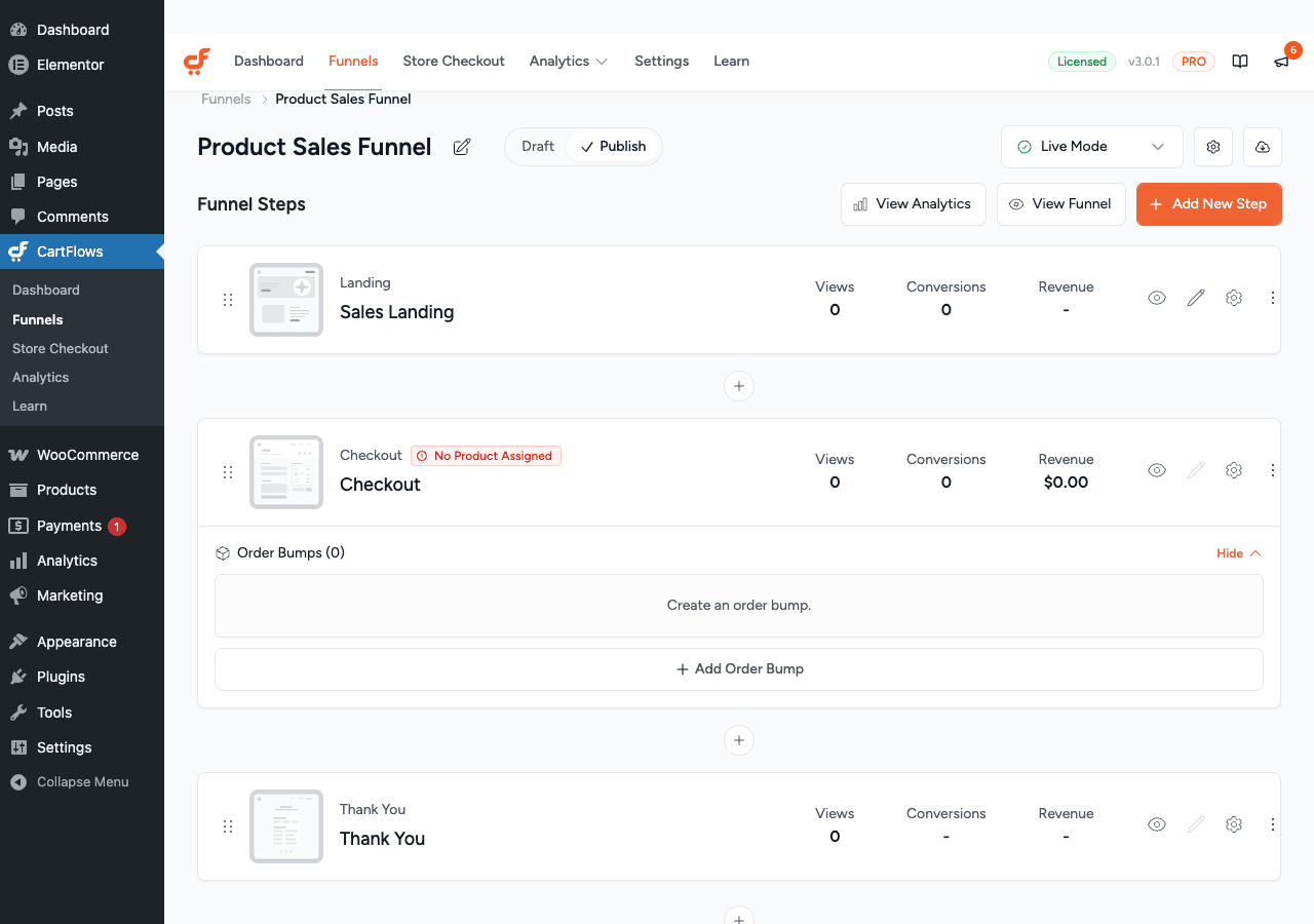 CartFlows Pro funnel builder showing the step sequence: landing, checkout, order bumps, thank you CartFlows Pro funnel builder showing the Product Sales Funnel with Sales Landing, Checkout, Order Bumps, and Thank You step cards in sequence
