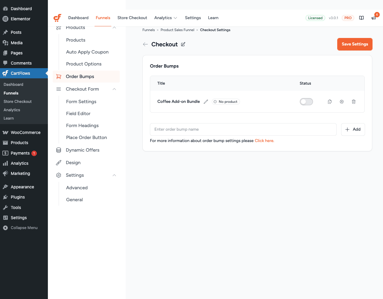 CartFlows Pro checkout step settings showing the Order Bumps configuration panel CartFlows Pro checkout settings panel with Order Bumps section and checkout step navigation showing Products, Order Bumps, Checkout Form, Dynamic Offers, and Design tabs