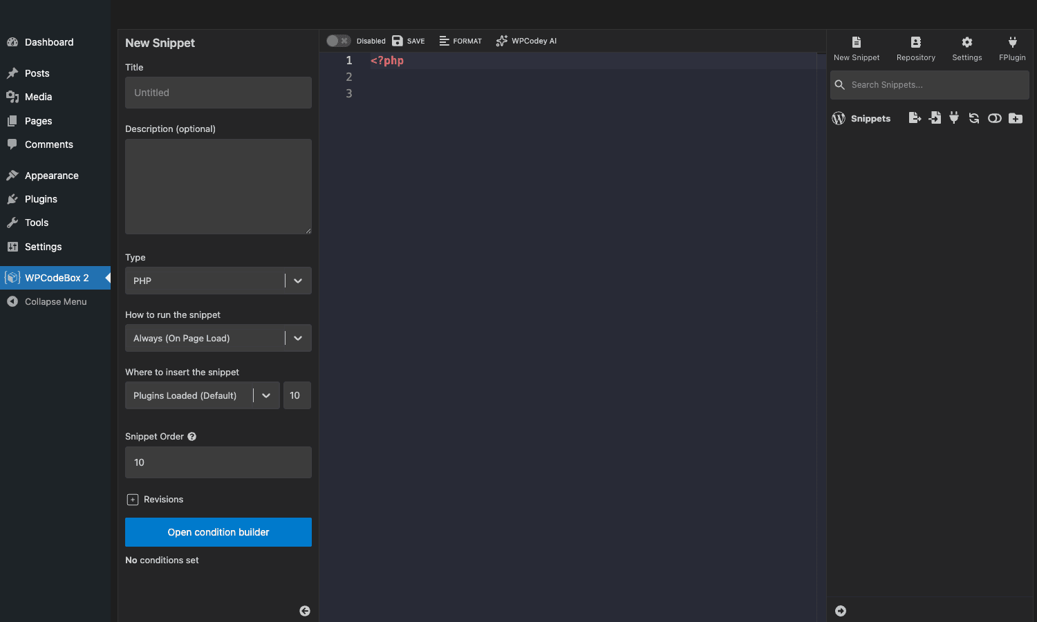 WPCodeBox 2 New Snippet editor showing title, description, PHP type, run timing, insert position, snippet order, condition builder, and the dark Monaco code editor WPCodeBox 2 New Snippet view with Monaco editor and configuration panel