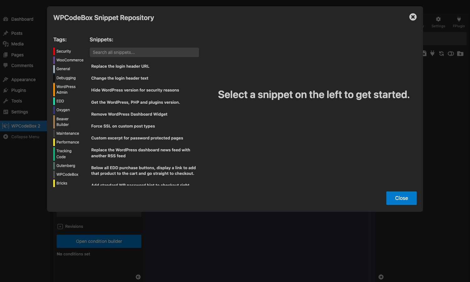 WPCodeBox 2 Snippet Repository modal showing tag list and snippet titles including 'Replace the login header URL', 'Hide WordPress version for security reasons', 'Remove WordPress Dashboard Widget', and many more WPCodeBox 2 Snippet Repository with security, WooCommerce, general, debugging, WordPress Admin, EDD, Oxygen, Beaver Builder, Maintenance, Performance, Tracking Code, Gutenberg, WPCodeBox, Bricks categories