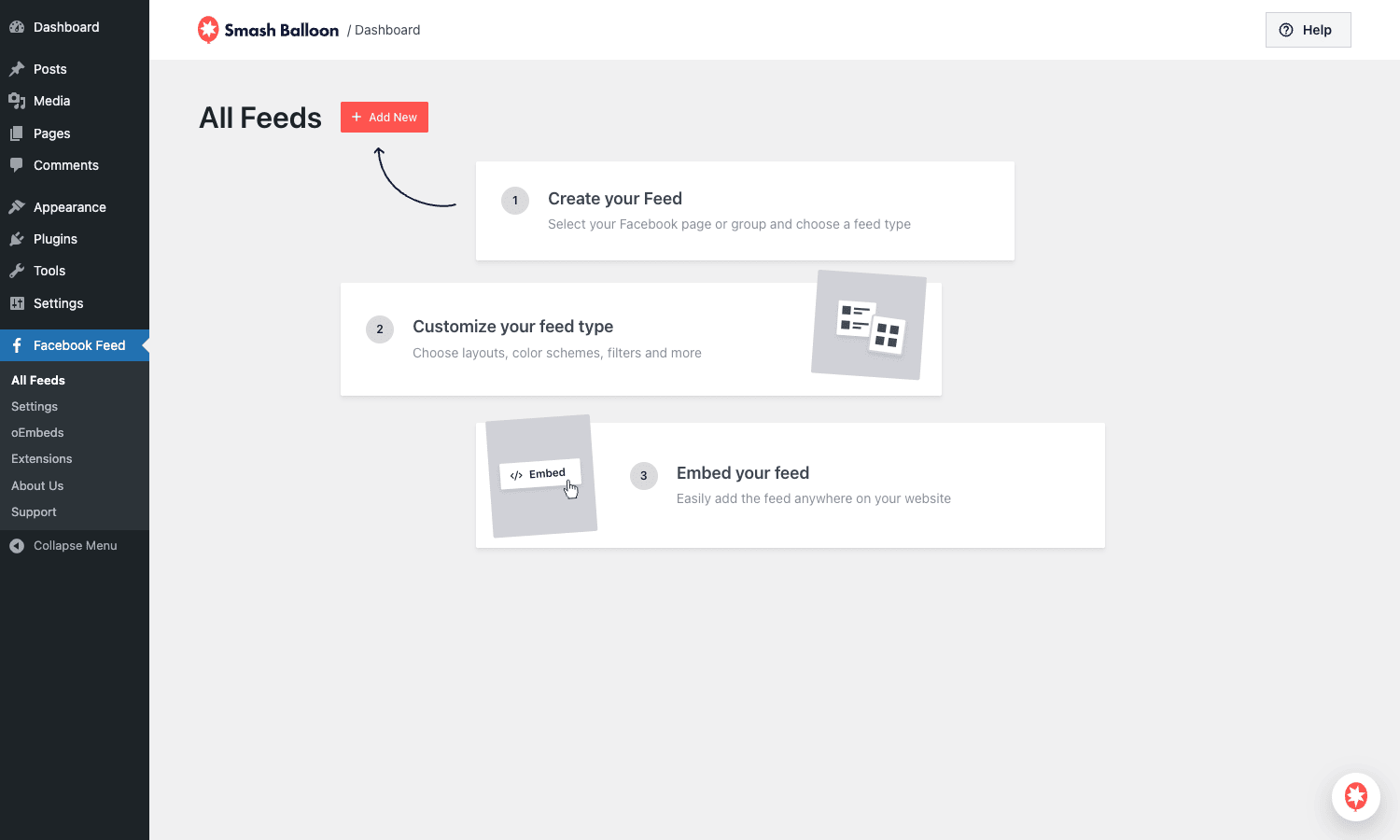 All Feeds dashboard Custom Facebook Feed Pro All Feeds empty state with three numbered onboarding steps