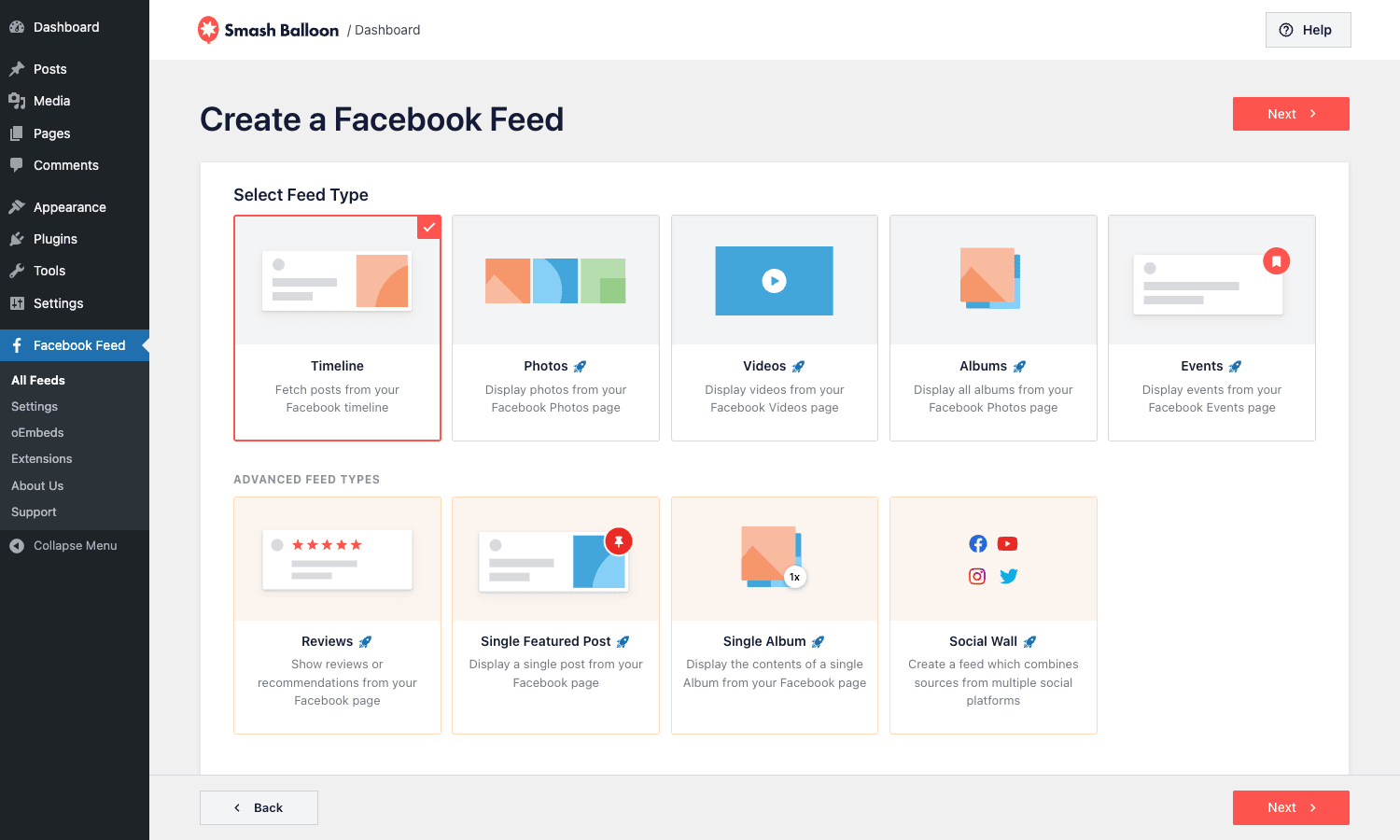 Pick a feed type Custom Facebook Feed Pro feed type picker showing Timeline, Photos, Videos, Albums, Events, Reviews, Single Featured Post, Single Album, and Social Wall options